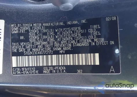 2008 Toyota Sienna Le z USA, uszkodzony, nr VIN 5TDZK23C48S172172